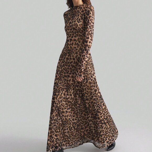 Brown Elegant Women's Leopard Print Digital Pattern Sexy Long maxi Dress - Picture 8 of 9
